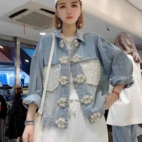 Korobov 2021 Autumn New Women Denim Jackets Korean Turn-Down Collar Long Sleeve Pearls Embroidery Coats Patchwork Chic Jacket