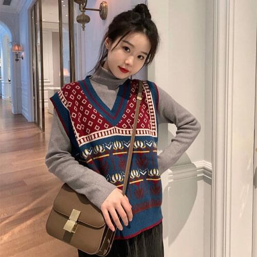 Women Sweater Vest Spring Sweater Waistcoat Vest Contrast Color Fashion Waistcoat Womens Outer Wear Ethnic Style Knitted Vest