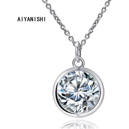 AIYANISHI 925 Sterling Silver Pendant Necklace 6mm Round Bazel Women Engagement Wedding Silver Necklace Party Girl Gifts