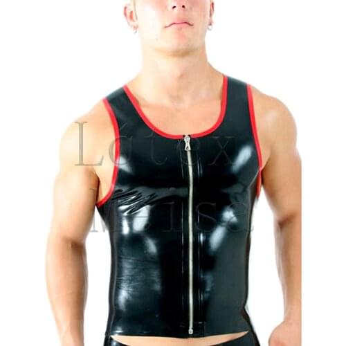 0.4mm thickness latex vest front zipper design men latex tops in black with red trim decorations