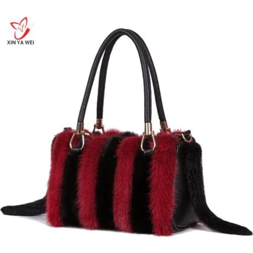 Winter Handbags Women Handbags Luxury Designer 2018 New Genuine Leather Handbags Womens Red Bags For Shoulder Mink Fur Bag