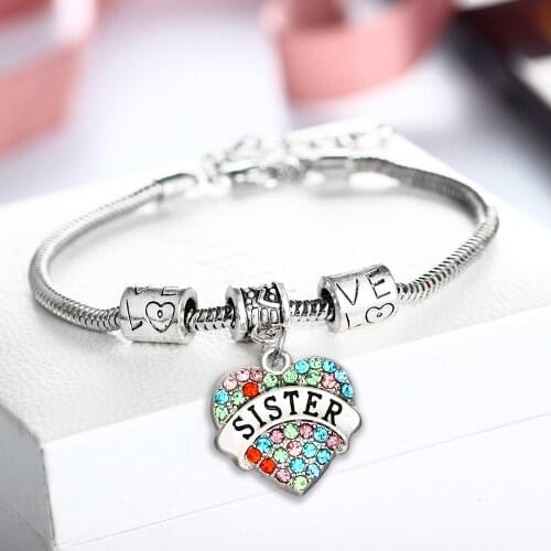 12PC/Lot Colorful Crystal Rhinestone Heart Charms Sister Bracelet Jewelry Women Family Sis Friends Bracelets Gifts Chain Bangle