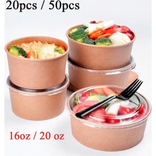 20pcs 50pcs Disposable Kraft Paper Bowl With Paper Lid Fruit Salad Bowl Lids Food Packaging Containers Party Favors (16oz 26oz