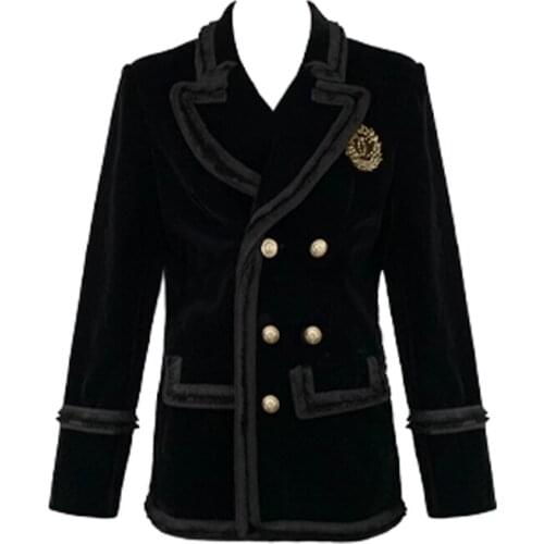 PERHAPS U Black Notch Collar Blazer Long Sleeve Double-breasted Pocket Loose Velvet C0536