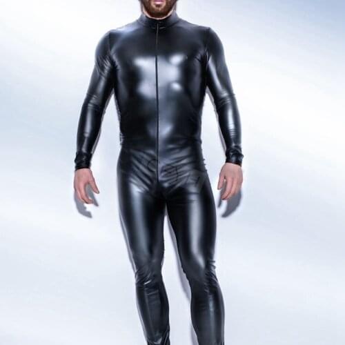 Plus M-4XL Strong Men Black PVC Leather Latex Bodysuit Top PU Sexy Zentai Catsuit Gay Male Leotard Open Crotch Zipper Jumpsuit