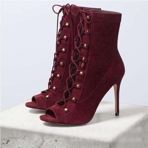 Sexy Heels Red Wine Suede Ankle Boots Peep Toe Lace-up Cut-out Cross Straps Tied Women Autumn Boots Fashion Ladies Dress Shoes