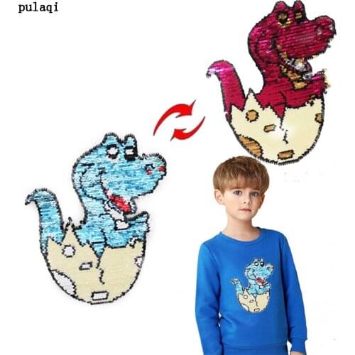 DIY Pulaqi Cute Dinosaur Patch Reversible Sequin Patches For Clothing Sew On Embroidered Patch Stickers Stripes On Clothes Badge
