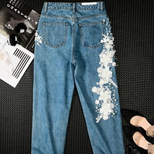 Winter Beading Jeans Women Fashion Flower Crystal Thicken Straight Trousers Streetwear Light Blue Denim Harem Pants Female