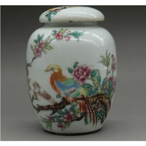 Chinese old porcelain Lid jar Pastel flower and bird painting porcelain pot Stor