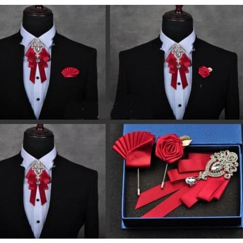 High-quality Fashion Handmade Red Diamond Bow Tie Wedding Collar Bowtie Brooch Pocket Towel Square Set Gifts for Men Accessories