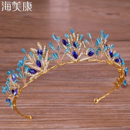 Haimeikang Baroque Retro Blue Luxury Bridal Crystal Tiaras Crowns Princess Queen Pageant Prom Rhinestone Wedding Hair Accessory