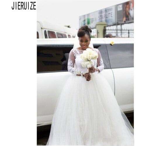 JIERUIZE African Tulle Wedding Dresses Sheer Scoop Neck 3/4 Sleeves Button Back Lace Appliques Bridal Gowns vestido de noiva