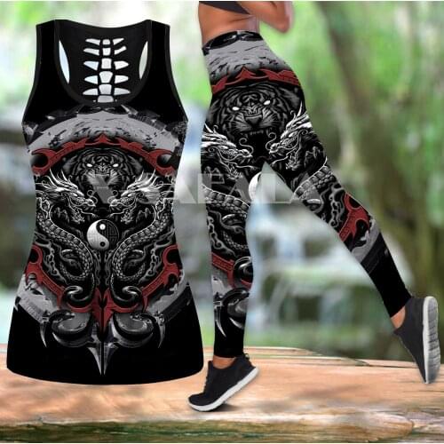 Dragon Tiger Yin And Yang Art Two Piece Yoga Set Women 3D Print Vest Hollow Out Tank Top High Waist Legging Summer Casual Sport