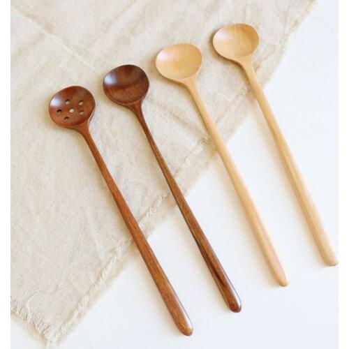 Creative Solid Wood Long Handle Wooden Spoon Korean Sauce Stir Spoons Japanese Round Mouth Anti-scalding Hot Pot Stirring Eating