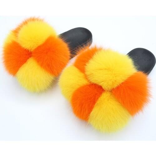 Janefur Fluffy Pom Pom Real Fur Slippers New Design Ball Fox Fur Slides Free Shipping Women Furry Sandles