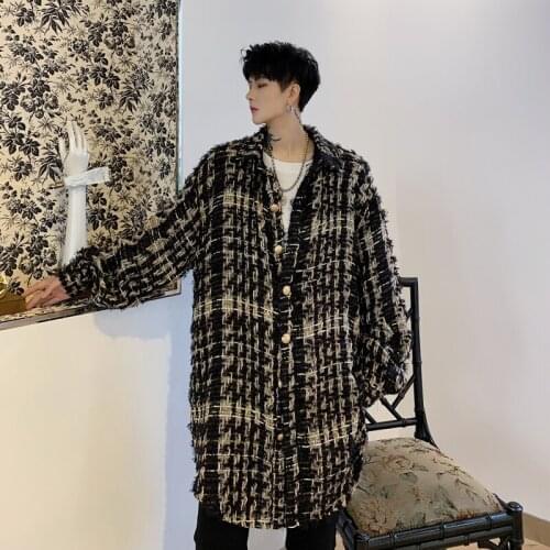 Men Vintage Weave Plaid Loose Casual Woolen Shirt Style Jacket Long Cardigan Male Women Streetwear Hip Hop Coat Outerwear