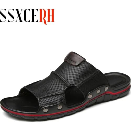 2021 New Brand Summer Genuine Leather Slides Flat For Men Slippers Casual Black Palm Slide Slipper Outdoor New 2021 Big Size 47