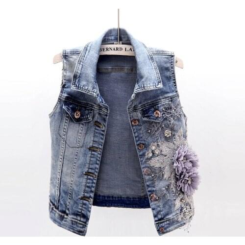 2020 NEW women sleeveless denim vests jackets 3D flowers embroidery beading printed casual waistcoat spring summer JC212