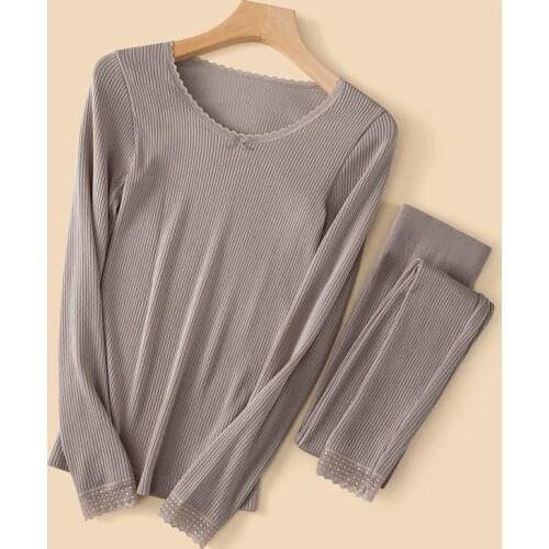 New Womens Thermal Underwear Set Sexy Lace Round Neck Long Sleeve Pajamas Ladies Slim Autumn Warm Lingerie High Elastic Pyjamas
