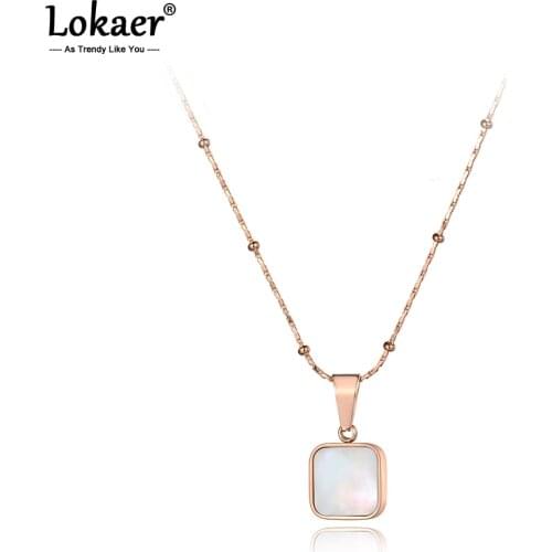 Lokaer White Shell Square Pendant Necklaces For Girls Rose Gold Titanium Stainless Steel Female Chain Choker Necklace N19145