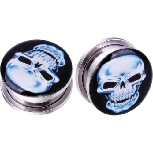 Pair of Vintage blue Skull black grond plug gauges stainless steel screw fit ear plugs flesh tunnel ear expander body jewelry