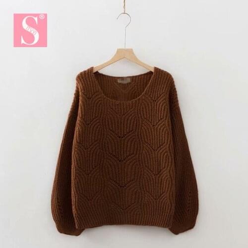 STVY 2018 New Arrival Autumn Women Pink Sweaters Pullovers Puff Sleeve Fashion Sweater Loose Solid Knitted Jumpers 3 Colors