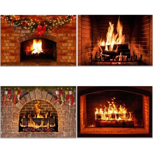 Christmas Backdrop For Red Brick Wall Burning Fireplace Background Photo Studio Props New Year Fireplace Wallpaper Poster Decor