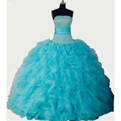 RSE282 High Quality Yiaibridal Crystal Beaded Top Pleated Belt Puffy Ruffles Tulle Aqua Quinceanera Dresses