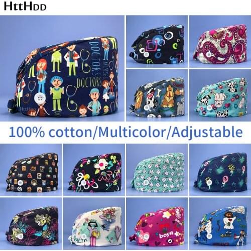 Unisex Pure Cotton Female Operating Room Hats Cartoon Flower Print Adjustable Accessories Beauty Caps Surgical Cap Accessories