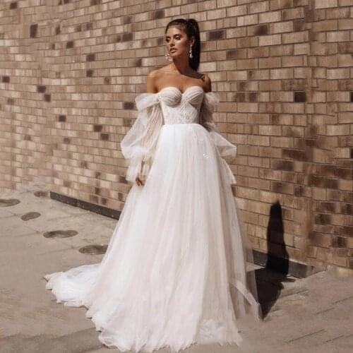 Boho Wedding Dresses A-line Sweetheart Long Sleeves Tulle Dubai Arabic Wedding Gown Bridal Dress Vestido De Noiva