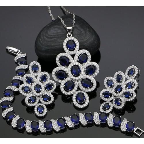 Wedding 925 Silver Jewelery Blue Cubic Zirconia Jewelry Sets Necklace/Earrings/Pendant/Bracelet For Women