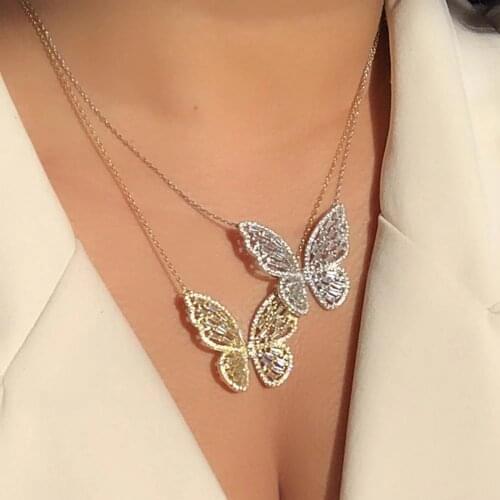 Iced out bling butterfly pendant necklaces gold silver color clear cz paced cute animal romantic statement fashion women jewelry