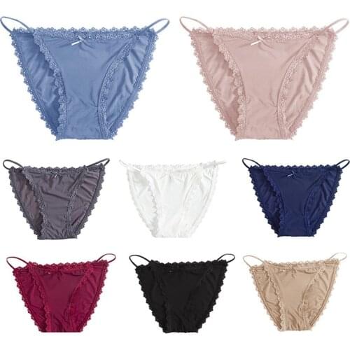 Sexy Panties Women Low-rise Solid Color Ice Silk Lace Trim Strap Breathable Thin Panty Briefs Seamless Intimate Female Underwear