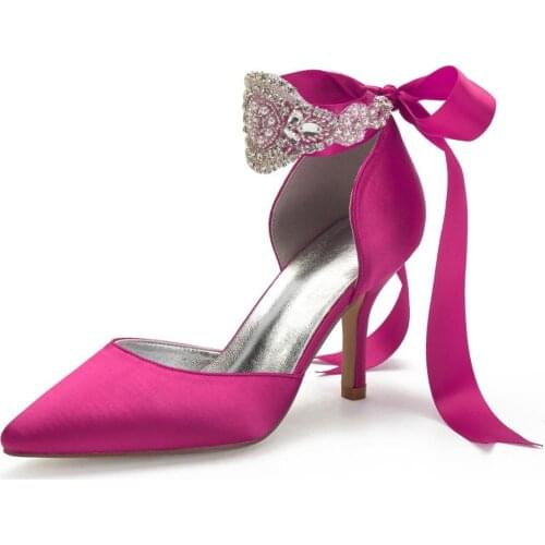 Ladys Pointed toe D'orsay satin evening dress shoes with crystal ribbon ankle strap bridal wedding party prom high heels pumps