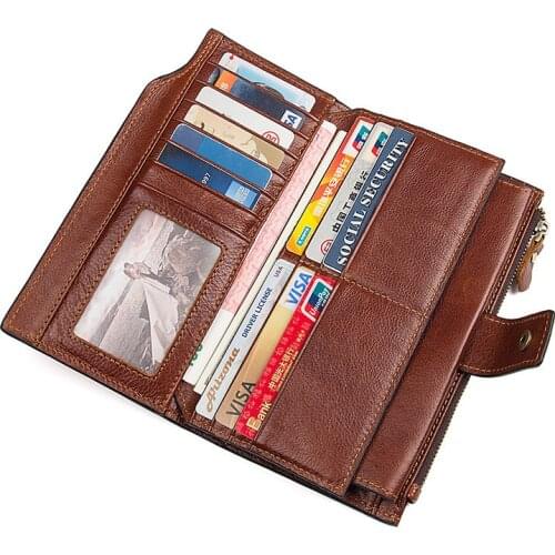 Vintage Men Wallets Long Phone Bag Genuine Leather Coin Pocket Purse Cardholder 642-40 Male Zipper Hasp Clutch Wallet Mens Gift