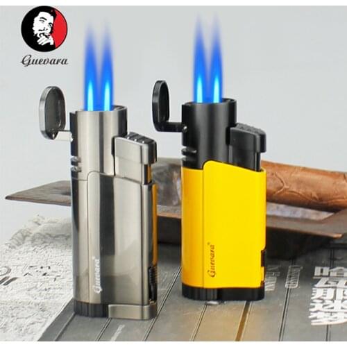GUEVARA Cigar Cigarette Tobacco Lighter 2 Torch Jet Flame Refillable Lighter with Punch Smoking Tool Accessories Portable Gift