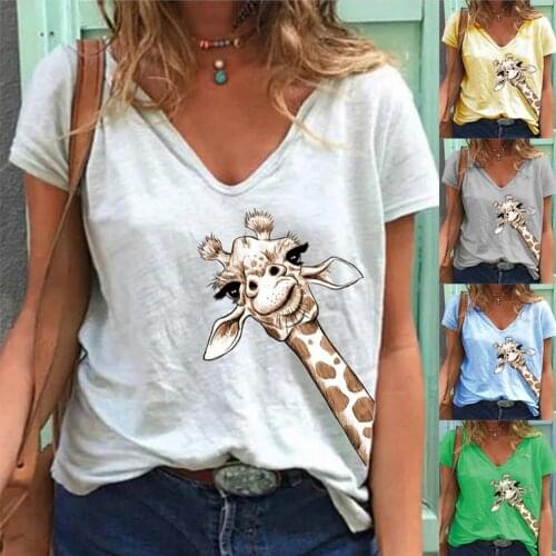 Womens Summer 3D Giraffe Print T-shirt Tops Casual 5XL Loose Short Sleeve shirts Vintage Plus Size Clothes Female Tee for Women