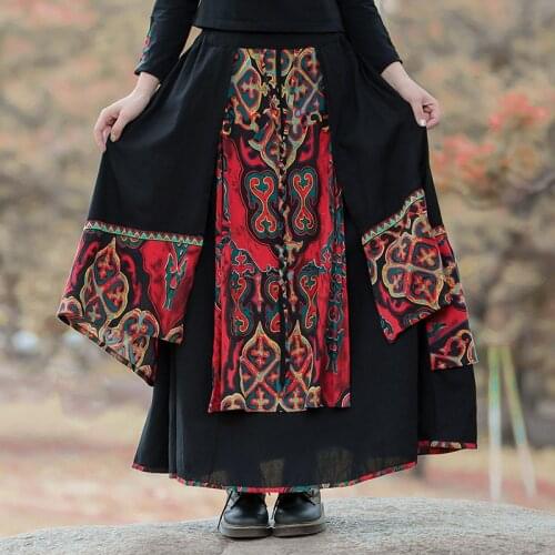 Women New Vintage Black Long Skirt Asymmetrical Patchwork Clothing Chinese Style National Harajuku Casual Loose Plus Size Faldas