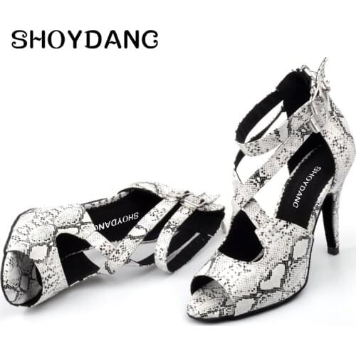 SHOYDANC Spring Summer Dance Boots Women Latin Dance Shoes White Snake Texture PU Salsa Samba Dance Shoes Professional 6-10cm