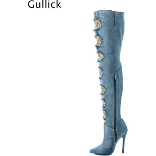 2018 High Qulity Side Zipper Woman Blue Ripped Denim Long Boots Spring Summer Over The Knee Lace Thin High Heels Woman Shoes