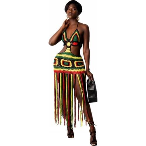 Summer Long Slim Tassel Halterneck Beach Dress Sleeveless Low-cut Cut Out Waist Design Elegant Goddess Style For Women