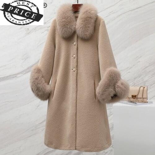Fur Coat Real Elegant Winter Coat Women Clothes 2021 Korean Warm Wool Long Jacket + Fox Fur Collar Cashmere Coats 12C3202