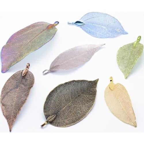 10pcs Brass Plated Natural Leaf Big Filigree Charming Pendants with Pinch Bail for Jewelry Necklace Making