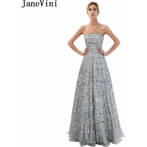JaneVini Sparkly Grid Sequined Beading Grey Long Bridesmaid Dresses A Line Strapless Tulle Pageant Prom Party Gowns Floor Length