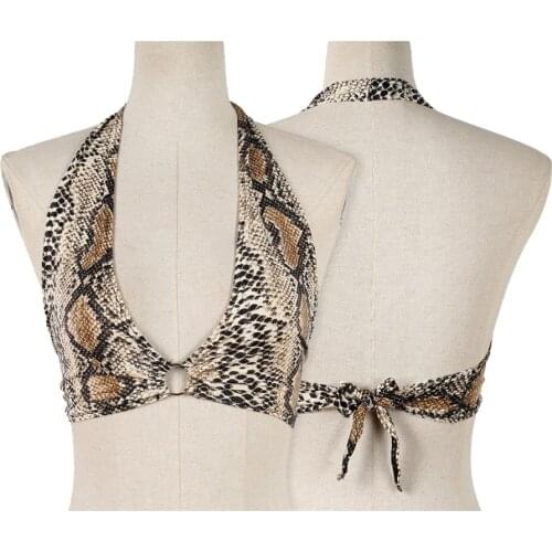 Hot Womens Sexy Snakeskin Pattern Print Bra Deep V Neck Halter Bandage Bra Summer Backless Shirts Crop Top Fashion Women Bra