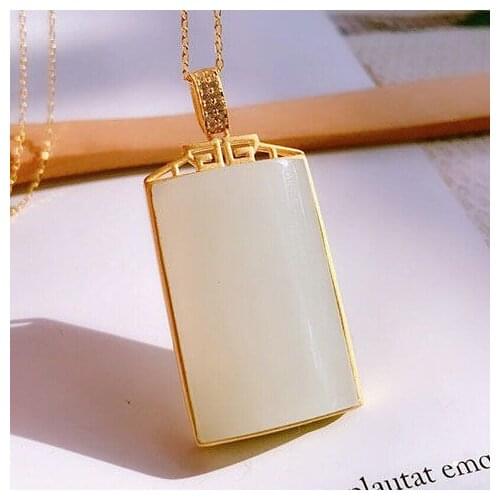 Natural Hetian white jade geometric pendant necklace Chinese style retro unique ancient gold craft charm womens silver jewelry