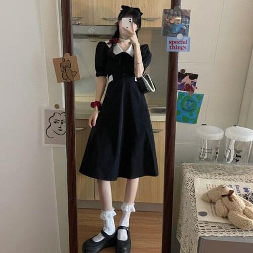 French vintage waist slim black dress 2021 new summer puff sleeve small girl dress black white stitching sweet streetwear skirt