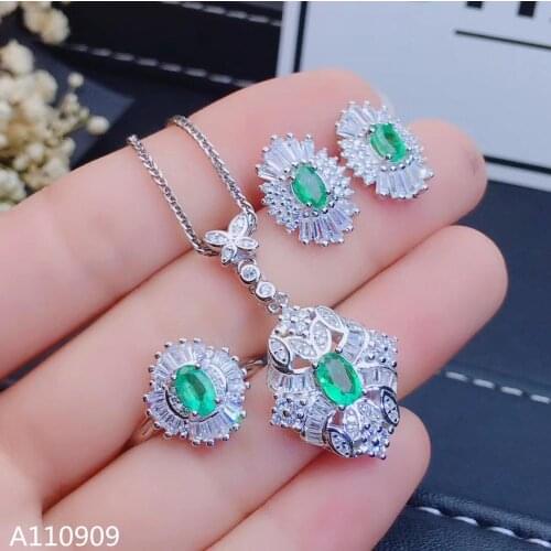 KJJEAXCMY boutique jewelry 925 sterling silver inlaid Natural Emerald Ring Necklace Earring Set Support Test
