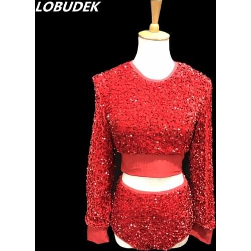 Women Modern Jazz Dance 2-Pieces Set Red Sequins Short Tops Shorts Outfit Nightclub DJ Singer Dancer Team Performance Costume