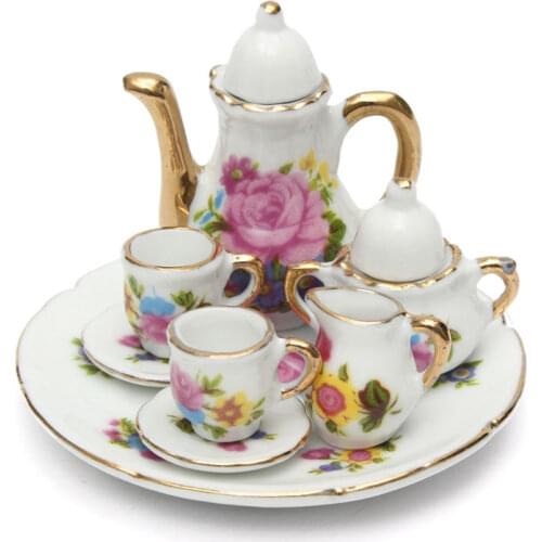 8pcs Dollhouse Miniature Restaurants Goods Porcelain Tea Set Plate Cup Plate Flower Print Dollhouse Accessories Toys